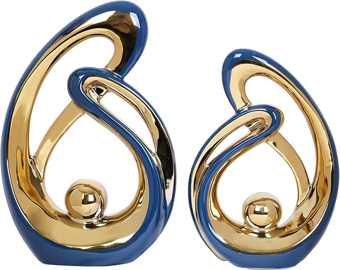 2 Pcs Navy Blue Decor Centerpiece Table Decorations Blue and Gold Ceramic Decor Statue Mid Century Modern Decor Centerpieces for Dining Room Living Room Kitchen Shelf Office Coffee Table Decor