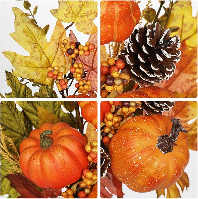 Artificial Fall Branches Table Centerpieces, Fake Pumpkins Pinecones Maple Leaves with Berries, 23.6" Fall Stems for Vase Falls Floral Stems Autumn Décor Farmhouse Kitchen Table Decorations 2 Pcs