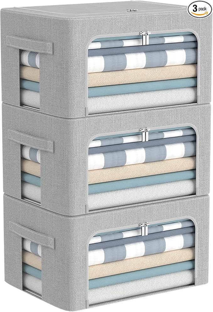 3Pack Foldable Storage Bins - Frame Storage Box Linen Fabric Stackable Clothes Container Organizer with Clear Window & Carry Handles Large Capacity (Small-22L, Light Grey)