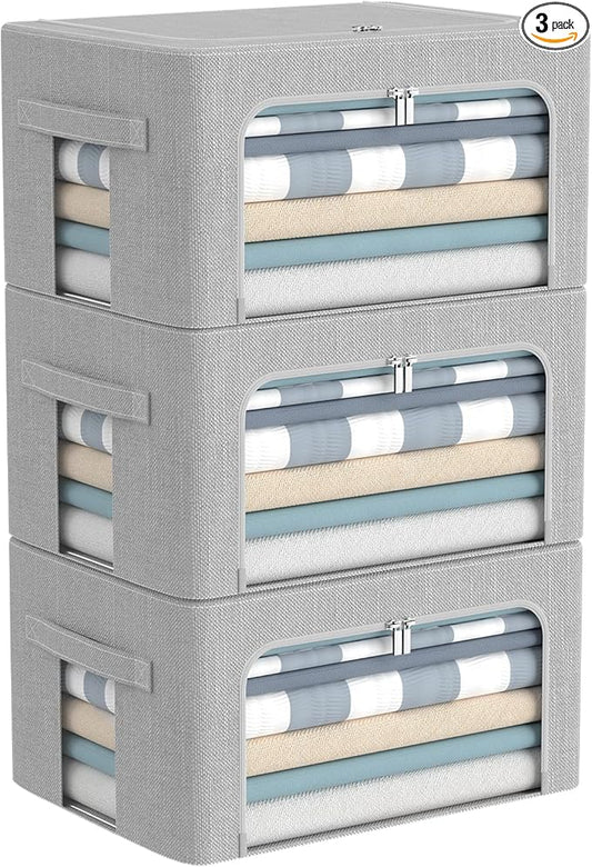 3Pack Foldable Storage Bins - Frame Storage Box Linen Fabric Stackable Clothes Container Organizer with Clear Window & Carry Handles Large Capacity (Small-22L, Light Grey)