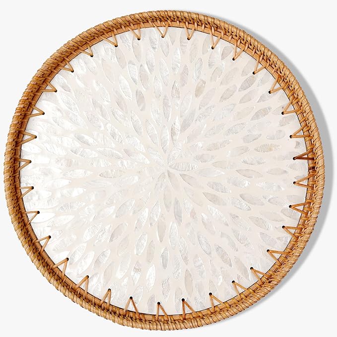 Round Rattan Tray with Mother of Pearl Inlay & Wooden Base - Decorative Wicker Serving Tray for Coffee/Bread/Fruits, Food Storage & Display - Multipurpose Home Decor (L,White Leaves)