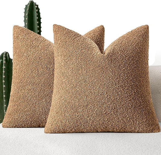 MIULEE 18x18 Inch Decorative Pillow Covers for Couch Bed Set of 2 Textured Boucle Neutral Throw Pillows Brown Accent Solid Cushion Vintage Pillowcase Cozy Soft Sofa Livingroom Home Decor