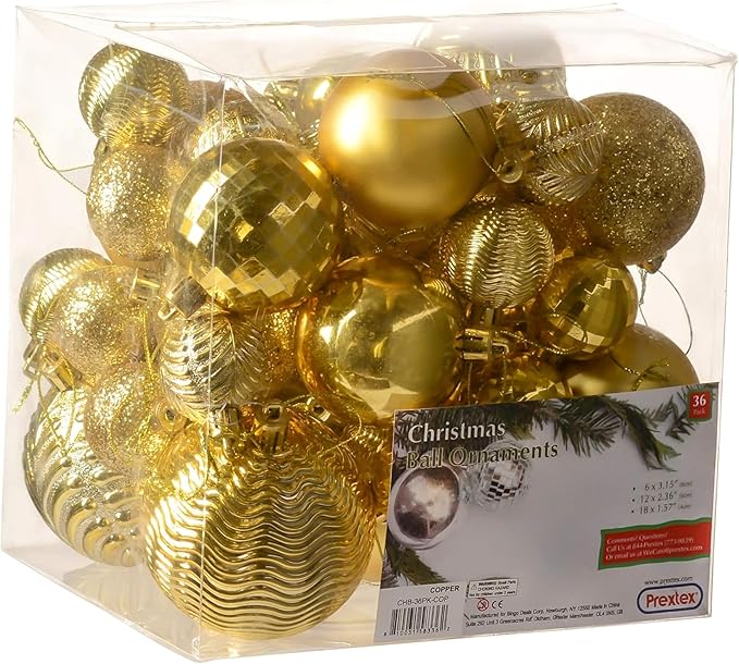 Prextex 36pc Shatterproof Gold Christmas Balls Ornament Set - Festive Christmas Tree Ornaments in 3 Different Sizes and 6 Styles - Holiday Decoration with Hanging Loops for Tree, Wreath, Party Decor