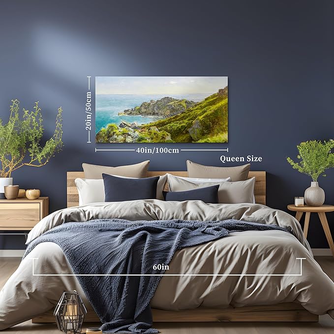 crmotu Coastal Large Wall Art, Nature Landscape Painting Canvas Prints, Meadow Coastline Vintage Decor Artwork, Mountain Sea Aesthetic Pictures Wall Decor Living Room Bedroom Bathroom 20"X40"