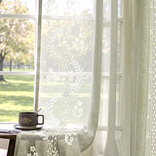 jinchan Belrose Sage Green Floral Sheer Curtains for Bedroom 63 Inch Long Voile Embroidered Farmhouse Curtains for Living Room Ivory Flower Patterned Rod Pocket Window Treatments, 2 Panels Green