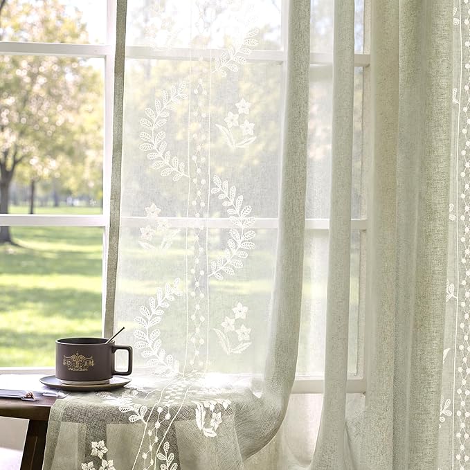 jinchan Belrose Sage Green Floral Sheer Curtains for Living Room 84 Inch Long Voile Embroidered Farmhouse Curtains for Bedroom Ivory Flower Patterned Rod Pocket Window Treatments, 2 Panels Green