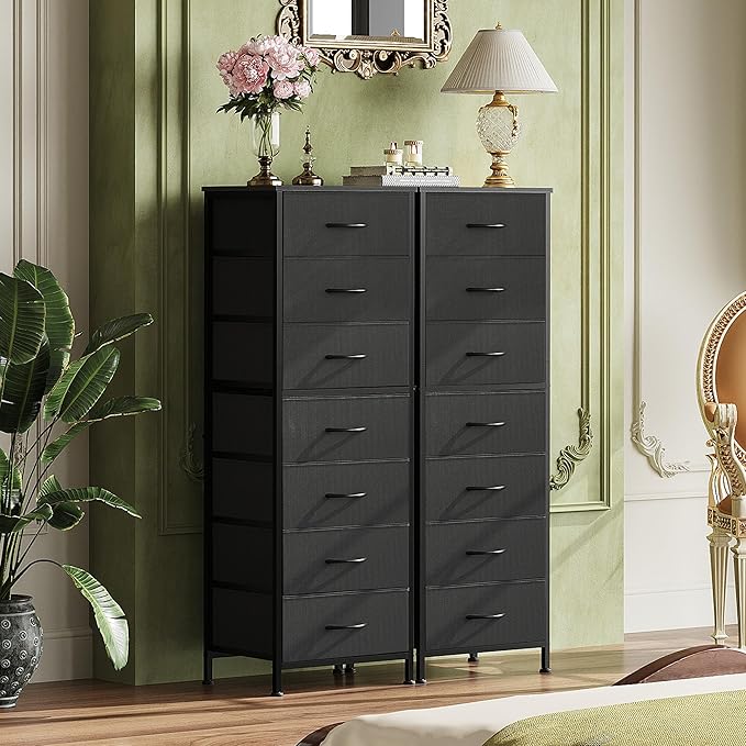 WLIVE Black Tall Dresser for Bedroom, 7 Drawer Dressers & Chests of Drawers, Fabric Dresser for Closet, Living Room, Night Stand with Metal Frame, Storage Tower with Fabric Bins, Wood Top