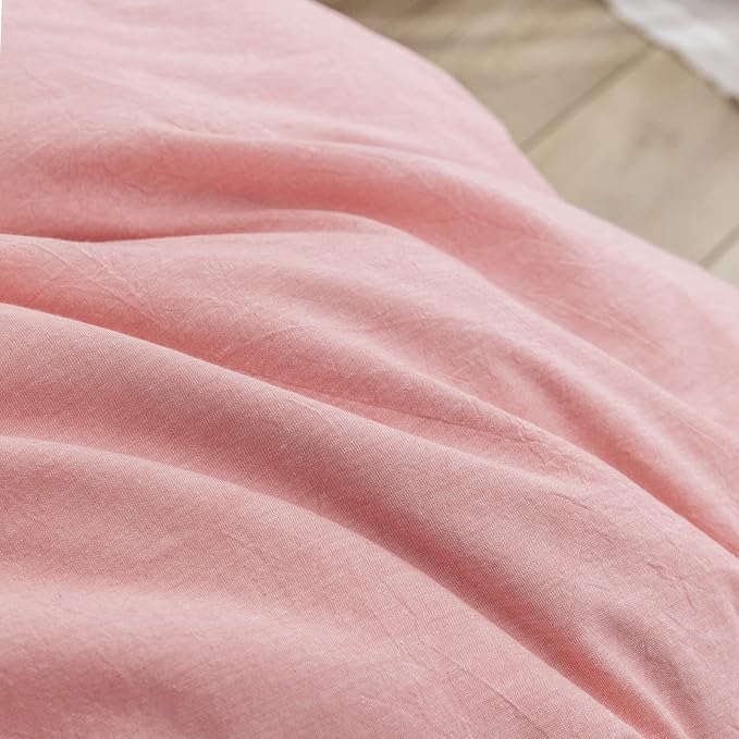 BESTOUCH Duvet Cover Set 100% Washed Cotton Linen Feel Super Soft Comfortable Chic Lightweight 3 PCs Home Bedding Set Solid Red Pink Queen