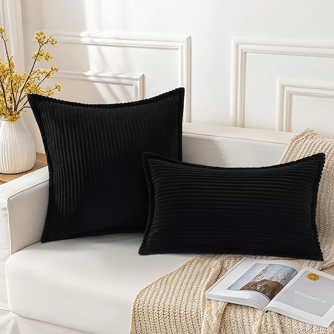 Mecatny Corduroy Throw Pillow Covers 22x22 Set of 2, Neutral Decorative Soft Boho Couch Pillow Covers with Broadside for Sofa Living Room, Black