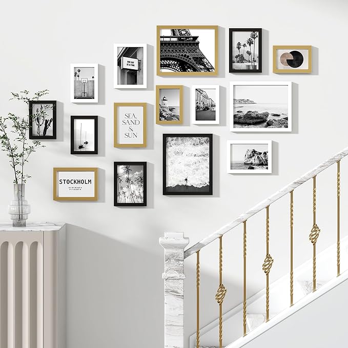 15 Pack Picture Frames Collage Wall Decor, Gallery Frame Set for Wall Mounting or Tabletop Display, Multi Sizes Including 3pcs 8x10, 6pcs 5x7, 6pcs 4x6, Black+White+Gold