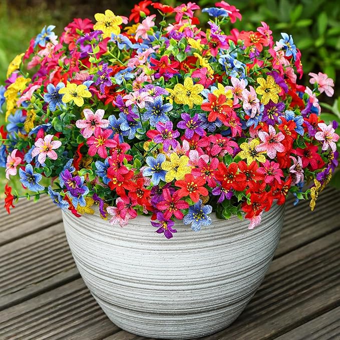 SHareconn 40 Bundles Artificial Flowers for Outdoors Spring Decoration, Fake Silk Realistic Faux Plants UV Resistant for Outdoor Planter Porch Patio Summer Outside Decor, RedRosyPurpleBlueYellowPink