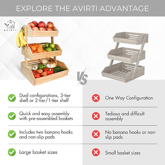 3-Tier Bamboo Fruit Basket – Transforms To 2-Tier | 2 Banana Hooks Included – 14" W x 12.5" L x 19" H – Fruit Holder for Kitchen Countertop - Fruits & Vegetable Storage – Large Capacity Shelf