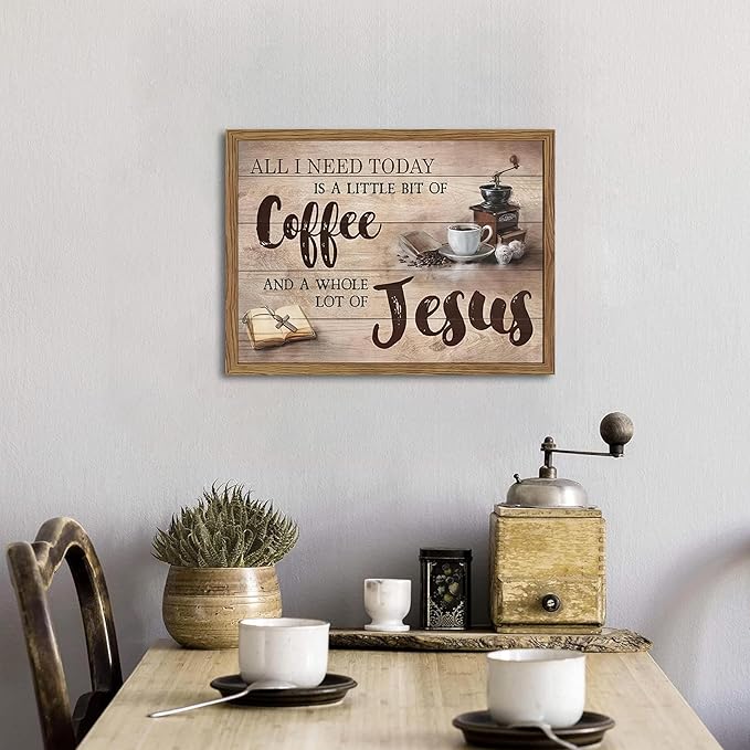 Wood Framed Christian Kitchen Wall Art, All I Need Today Coffee & Jesus Canvas Wall Decor Paintings, Coffee Motivational Posters Prints Pictures for Kitchen Bedroom Dining Room 16x24 Inch
