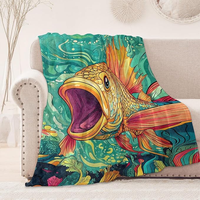 Cartoon Fish Blanket, Cozy Flannel Vibrant Open-Mouth Fish Throw Blanket, Soft Fuzzy Blankets for Travel Home Decor, All Season Lightweight Couch Bed Cover, Gifts for Women Adults Kids 40"×50"
