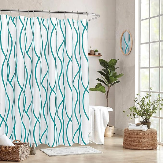 Biscaynebay Textured Fabric Shower Curtain 72x72 Inch, Turquoise Striped Printed Linen Modern Hotel Luxury Quality Cloth Bathroom Curtains Machine Washable