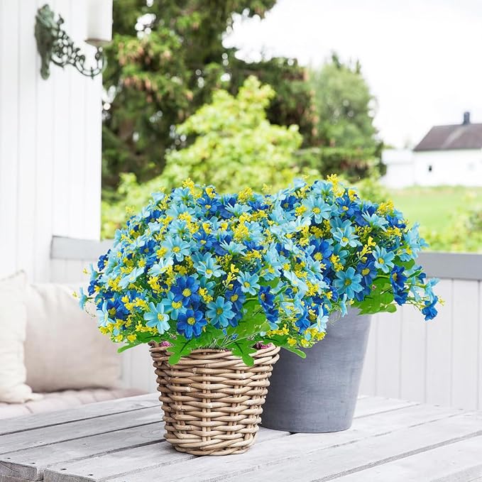 Uieke Artificial Fake Flowers, 6 Bundles Daisy Mums Flowers Outdoor UV Resistant No Fade Greenery Shrubs Plants Indoor Outside Hanging Planter Home Wedding Office DIY Garden Porch Décor (Blue)