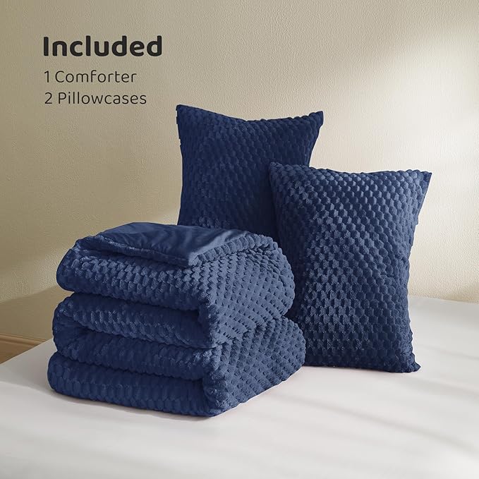 Petrichor Fluffy Twin Comforter Set - Ultra-Soft Navy Flannel Thick Comforter for Queen Bed, Luxury Warm Bedding Set for Winter & Fall, Cozy Fuzzy Bed Set 2 Pieces (1 Comforter & 1 Pillowcase)
