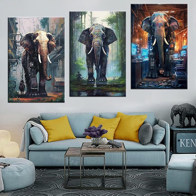 3 Pieces Abstract Animal Canvas Wall Art Home Decor Large Posters Upright Cyberpunk Giant Machine Elephants Painting Picture Artwork for Living Room Gym Workplace Stretched and Framed [60''W x 28''H]