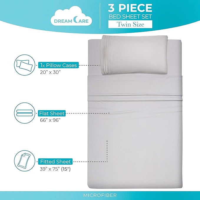 DREAMCARE Twin Sheets Set – 3pcs Cooling Sheets – up to 15” Deep Pocket Twin Sheet Set – Hotel Luxury Sheets & Pillowcases – Superior Softness 100% Fine Microfiber with Side Pocket – Light Gray