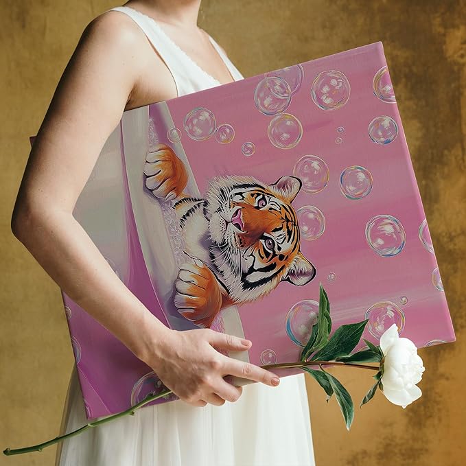 FITIE Trendy Bathing Tiger Bathroom Canvas Wall Art Poster, Pink Aesthetic Bubbles Tiger Framed Artwork Prints Wall Decor for Bathroom Half Bath Washroom, 11x14 Inch