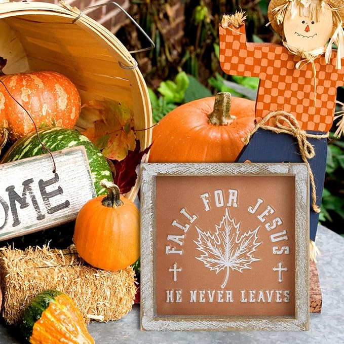 Embossed Orange Fall Leaf Sign, Farmhouse Autumn Decorations, Wooden Fall Tiered Tray Decor for Shelf Cubicle Desk Mantel, Rustic Thanksgiving Table Decor