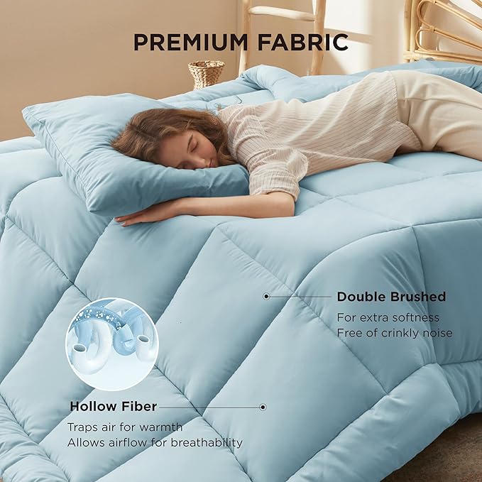 Bedsure Comforter Duvet Insert - Quilted Comforters Queen Size, All Season Duvet, GentleSoft Down Alternative Bedding, with 8 Tabs, Gifts for Women/Men, Light Spa Blue, Queen 88 x 88 Inches