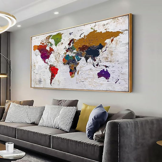 Framed Wall Art World Map Wall Art Canvas Picture 30inx60in Large Antiqued Map of The World Canvas Painting Artwork Prints for Office Wall Decor Home Living Room Decorations Framed Ready to Hang