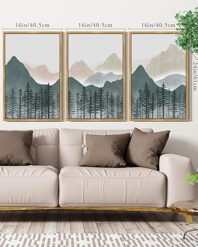 KUVIOKE Mountain Landscape Framed Wall Art Boho Nature Forest Paints Rustic Farmhouse Decor for Bedroom Dining Room Living Room 16x24in (Natural Framed)