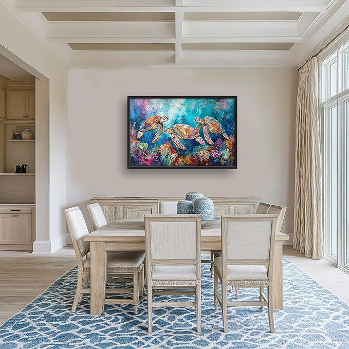 Sea Turtle Large Framed Wall Art Coastal Ocean Nautical Pictures Oversized Colorful Undersea Wall Decor Coral Reef Canvas Print Painting Aesthetic Modern Artwork for Living Room Bedroom Office Bathroom Home Decor 36L"x24W"