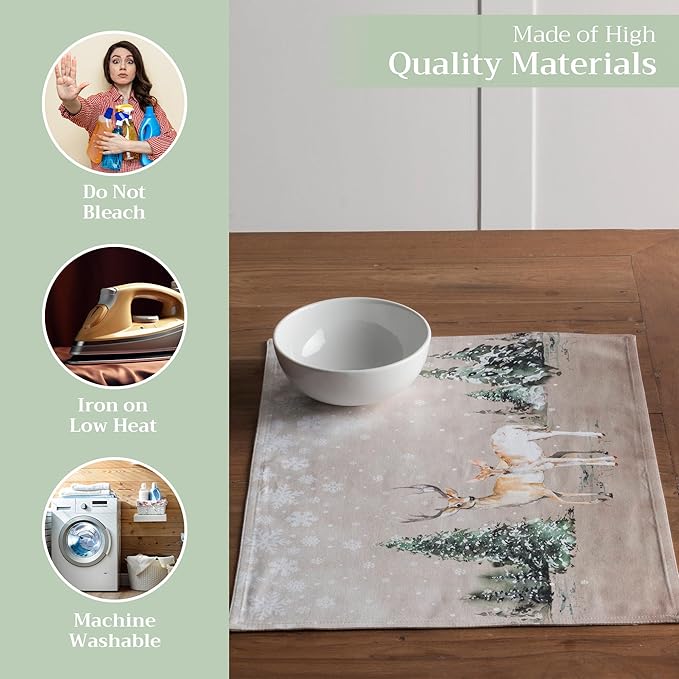 Maison d' Hermine Placemats Set of 4 100% Cotton Washable Cloth Place Mats, Reusable Table Mats for Kitchen Dining Decoration, Party, Wedding, Restaurant (Deer in The Woods, 13" x 19")