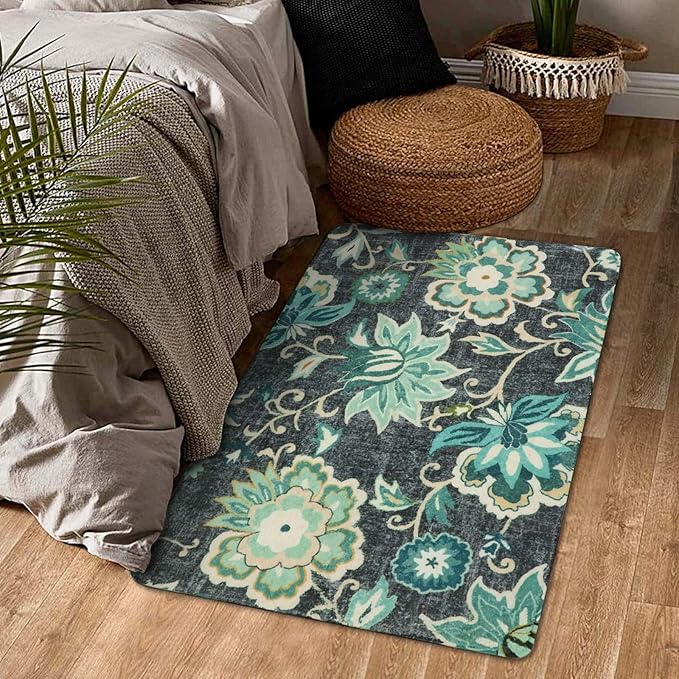 Lahome Floral Entryway Rug - 2x3 Small Throw Kitchen Rugs Non-Slip Washable Bedroom Rugs Blue Paisley Print Bathroom Mat Accent Distressed Doormat Floor Carpet for Laundry Room Living Room Office