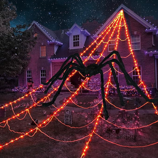 inst Spider Webs Halloween Decorations Outdoor 290LED Halloween Spider Web Lights Decoration with 78.7'' Large Spider & 3.53oz Stretch Cobweb 23Ft Giant Lighted Web with 8 Modes (Orange)