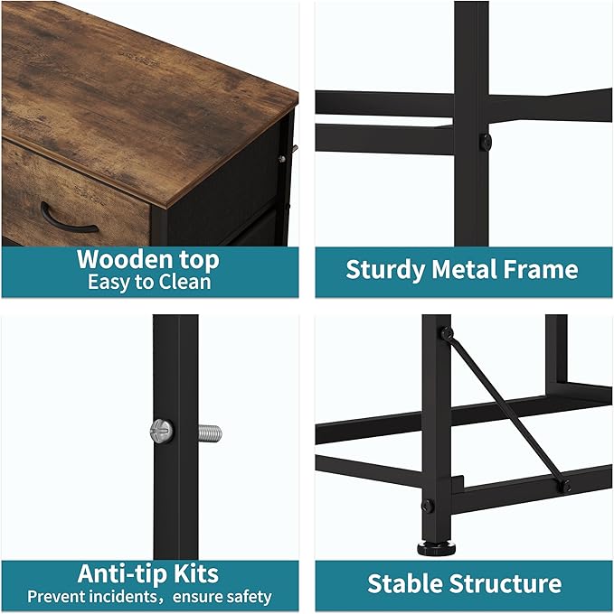 LUMTOK 10-Drawer Dresser, Fabric Storage Dressers for Bedroom, Hallway, Nursery, Closets, Steel Frame, Wood Top, Easy Pull Handle (Rustic Brown)