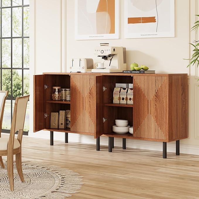 LITTLE TREE 59 Inches Long Sideboard Buffet Cabinet, Vintage Storage Cabinet with 4 Doors, Large Coffee Bar Cabinets for Kitchen, Cupboard Console Cabinets, Old Rose Color