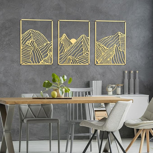 Peryiter 3 Pcs Metal Wall Art Decor Landscape Mountain Wall Hanging Decor for Living Room Abstract Minimalist Modern Mountain Line Pictures Summer Bathroom Office Home Gifts Indoor(Gold)