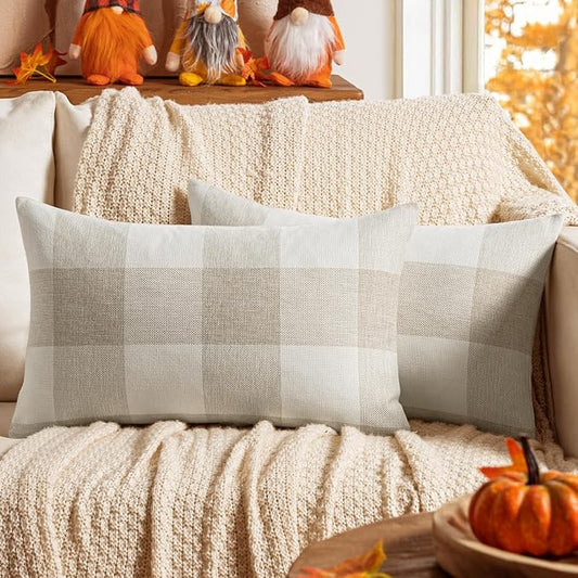 MIULEE Pack of 2 Farmhouse Buffalo Check Plaids Polyester Linen Soft Solid Cream White Decorative Throw Pillow Covers Home Decor Outdoor Cushion Case for Sofa Bedroom 12 x 20 Inch 30 x 50 cm