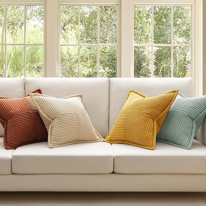 MIULEE Fall Teal-Orange Decorative Throw Pillow Covers 18x18 Inch 4 Packs Soft Boho Farmhouse Pillow Cases Modern Corduroy Patchwork Cushion Covers for Couch Sofa Bed with Flange Edge Home Decor