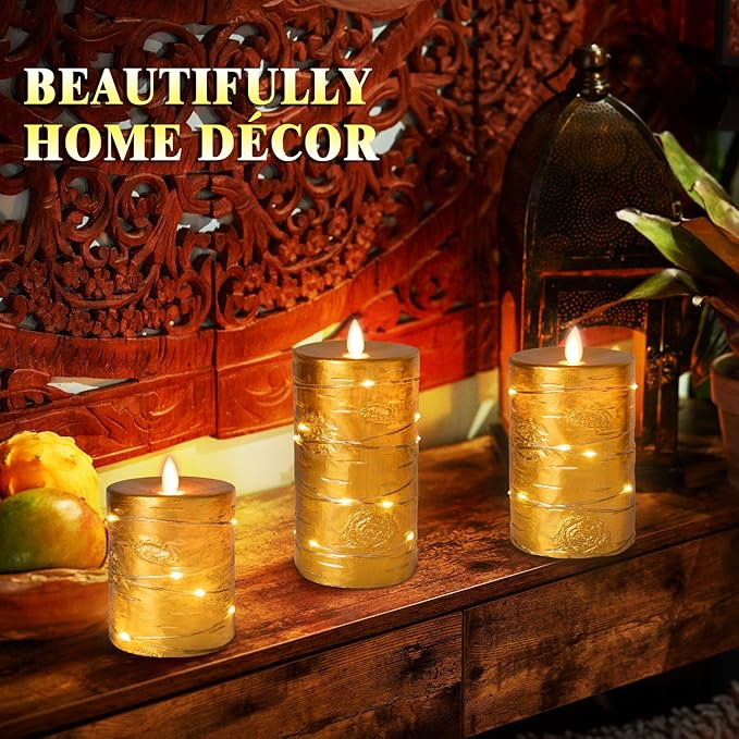 Da by Gold Flameless Candle, Battery-Powered Candle with Recessed String Light, LED Candle with 11-Button Remote, 24-Hour Timer Function, Dancing Flame, Real Wax