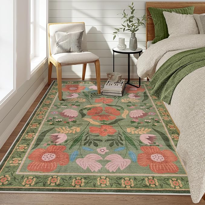 Beeiva Green 5x7 Area Rugs, Floral Machine Washable Living Room Area Rugs Non Slip Non-Shedding, Flower Ultra Thin Carpet for Living Room Dorm Playroom Décor (Green,5'x7')