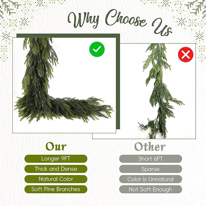 N&T NIETING 9FT Christmas Norfolk Pine Garland Real Touch Pine Artificial Garlands Faux Greenery Garland Winter Christmas Garland for Table Mantle Fireplace Indoor Outdoor Xmas Decorations (1 Pcs)