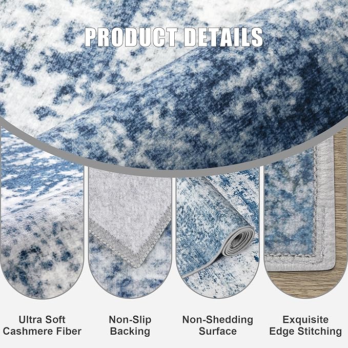 5x7 Area Rug Living Room Rug: Washable Modern Abstract Soft Thin Rug Indoor Floor No Slip Stain Resistant Carpet for Bedroom Dining Room Farmhouse Nursery Home Office - Blue