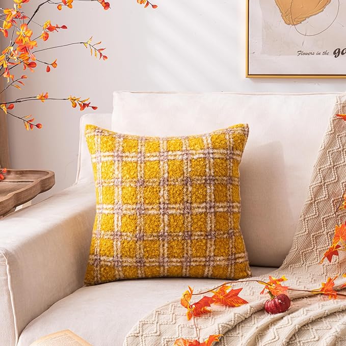 Yellow Plaid Fall Throw Pillow Covers 18x18 Inch Set of 2, Boucle Decorative Pillow Covers,Cozy Fluffy Home Living Room Farmhouse Decor for Sofa Couch Bed
