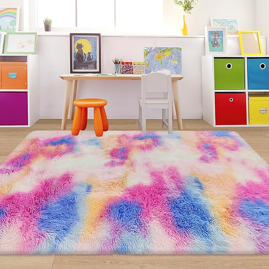 Fluffy Colorful Rug for Bedroom Girls 4x6 Kawaii Rainbow Tie Dye Area Rug Fuzzy Indoor Floor Unicorn Rug for Living Room Kids Nursery Baby Princess Room Dorm Home Decor Aesthetic Carpets