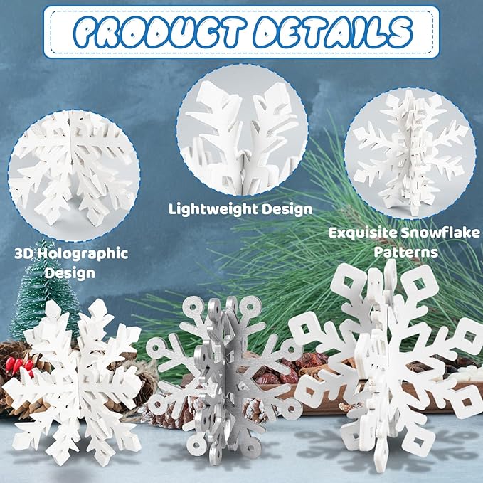 OuMuaMua 18 Sets Winter Christmas Centerpiece Table Decorations - 36pcs Wooden Snowflakes Decor 3D Silver White Snowflake Tabletop Decor for Xmas Holiday Tiered Tray Winter Farmhouse Home Decor