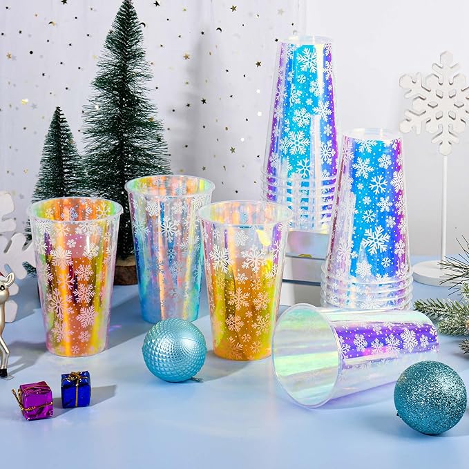 25 Winter Plastic Cups Iridescent Snowflake Party Cups 16oz Frozen Shiny Snowflakes Disposable Drinking Cups for Birthday Wedding New Year Holiday Party Supplies (16oz)