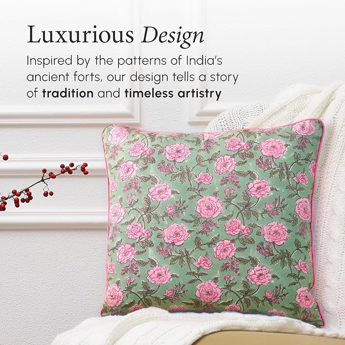 CPC 100% Cotton Throw Pillow Covers 20x20 Inch, Set of 2 Pink Block Print Pattern Couch Pillow, Cute Boho Decorative Pillows for Living Room, Bedroom with Hidden Zipper- Pink Tourmaline