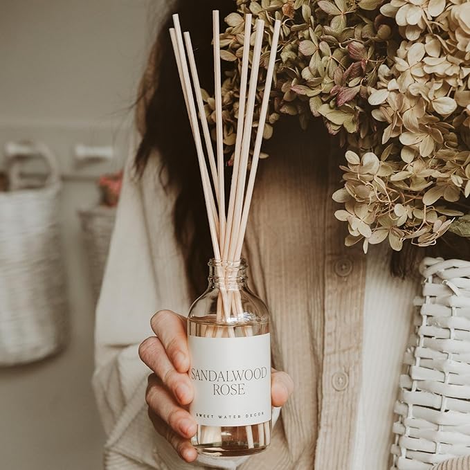 Sweet Water Decor Sandalwood Rose Reed Diffuser Set - Rose, Wood, Amber, Vanilla, & Musk Scented Diffusers - Scent Diffusers for Home, Long Lasting Fragrance, Made in The USA