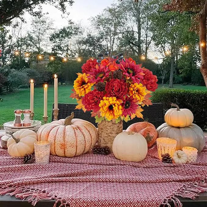 HUAESIN Artificial Fall Flowers 2 PCS Silk Sunflower with Peony Fall Cemetery Flowers Faux Flowrer Arrangements Home Indoor Outdoor Planter Decor Party Wedding Table Autumn Decoration