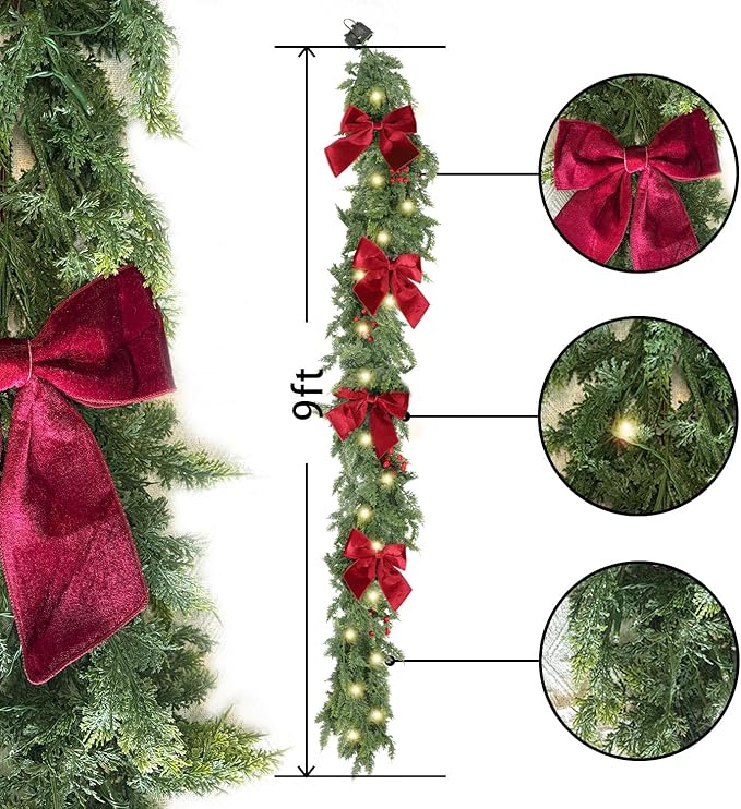 9ft Christmas Garland with Lights,Lighted Cedar Garland for Mantle,Prelit Real Touch Artificial Green Christmas Winter Garland with Large Burgundy Velvet Bow for Indoor Outdoor Decor