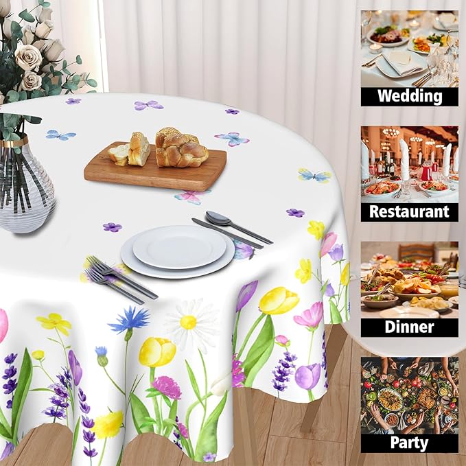 Kawani Spring Floral Tablecloth Round 60 Inch Watercolor Butterfly Flower Table Cloth Round Cover Washable Spring Farmhouse Table Covers for Rooms Kitchen Dinner Holiday Picnic Party Outdoor Decor